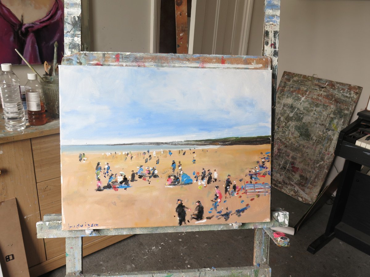 Impressionistic Landscape Oil Painting By Malcolm Ludvigsen, 24 X 18", Filey Beach 2, Original Artwork