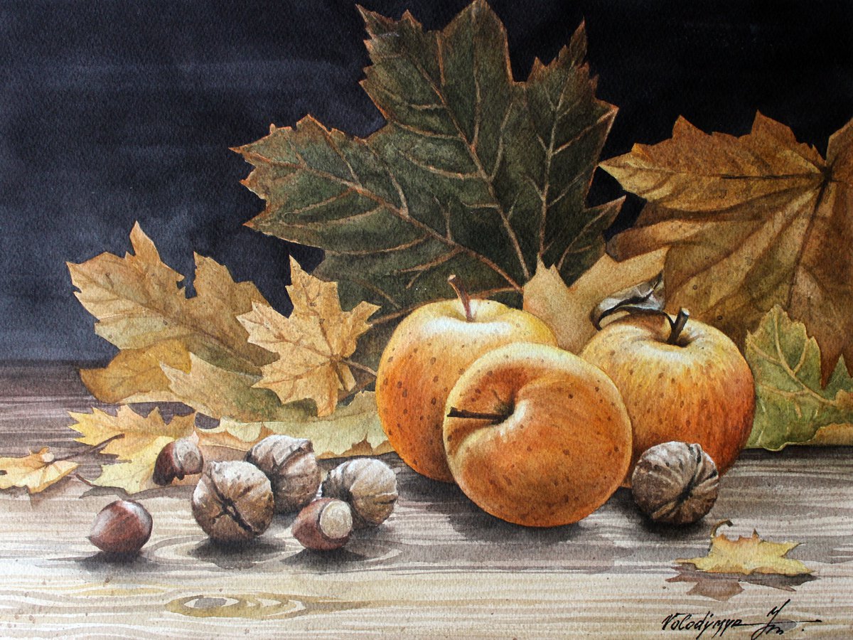 Photorealistic Still Life Watercolour By Volodymyr Melnychuk, 14 X 11", Autumn Still Life, Original Artwork