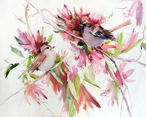 Sparrows and Spring Blossom