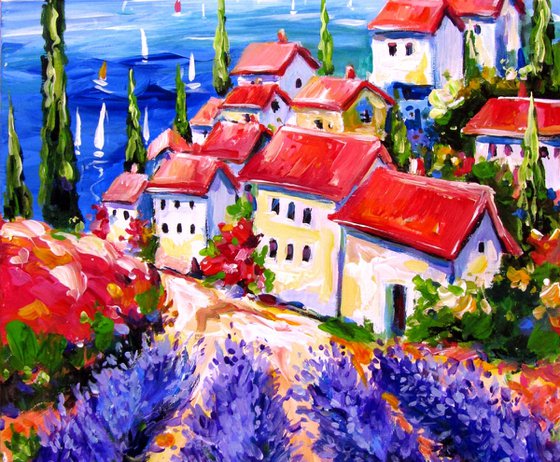 Village with lavender field