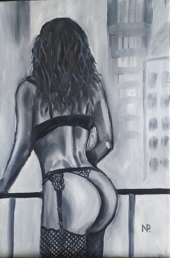Girl in a big city, original nude erotic gestural black and white nude oil painting