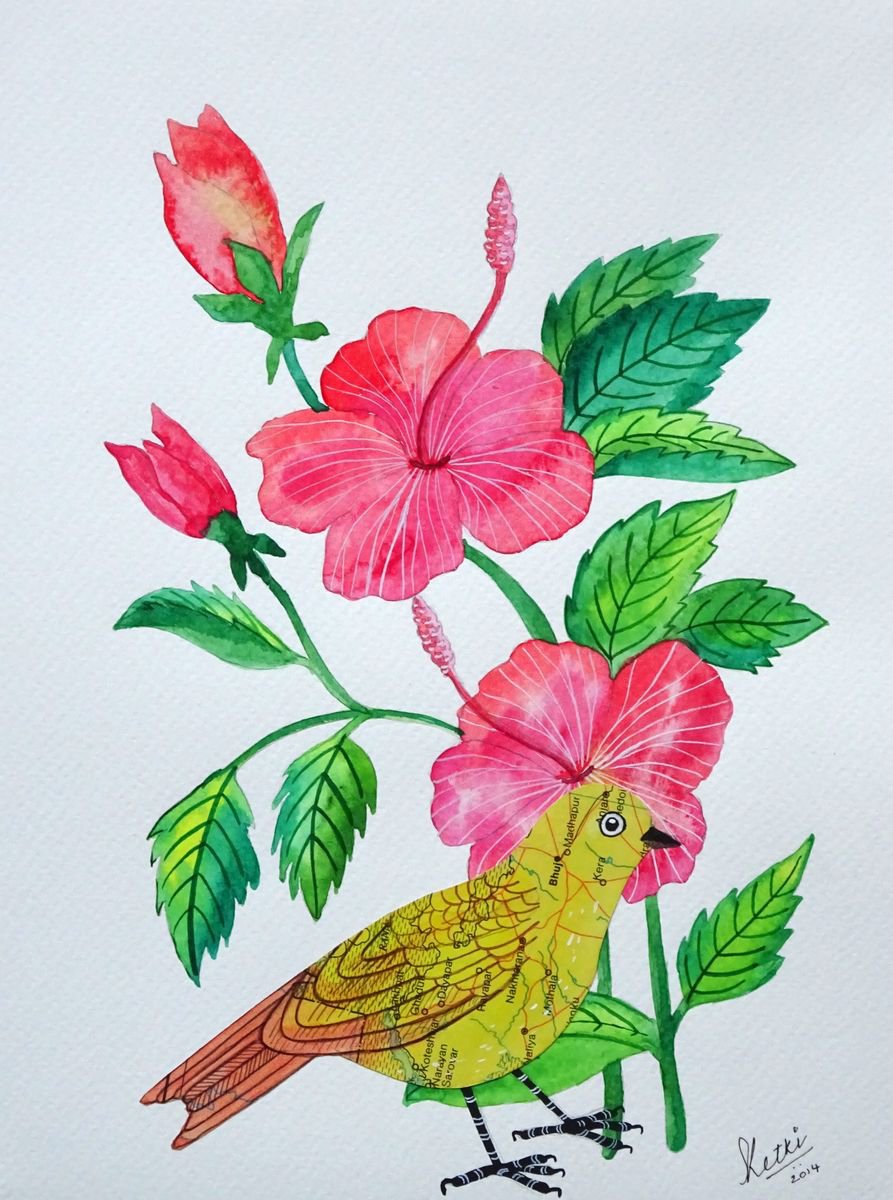 Hibiscus and Yellow Bird by Ketki Fadnis