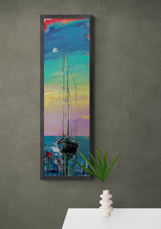 Big vertical painting - "Bright dawn" - delicate color - sunset - sailing boat - seascape