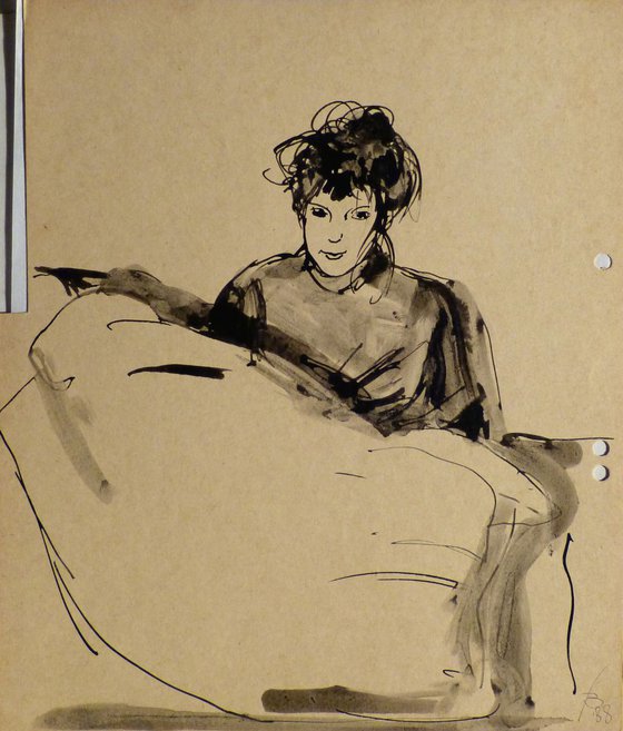 Woman writing in bed, 23x27 cm
