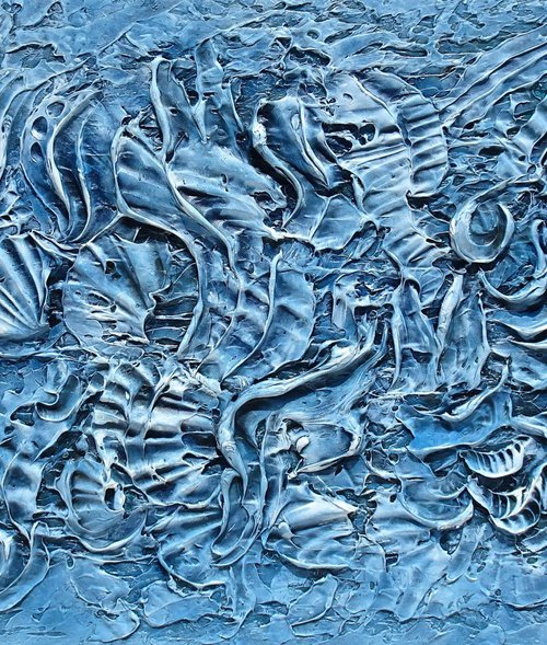 DEEP OCEAN. Large Abstract Navy Blue White 3D Dimensional Textured Art by Sveta Osborne