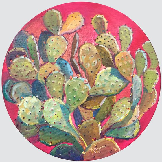 Opuntia cactus. Round bright painting.