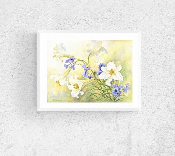 White lilies and blue delphinium / ORIGINAL watercolor 14x11in (38x28cm).