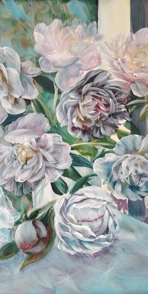 The Pionies bouquet with bees. Original. by Elena Pertceva