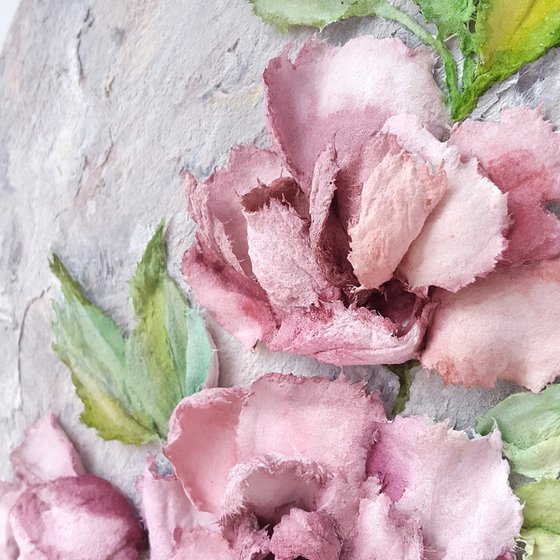 Sculpture painting, pink flowers impasto art Vintage roses