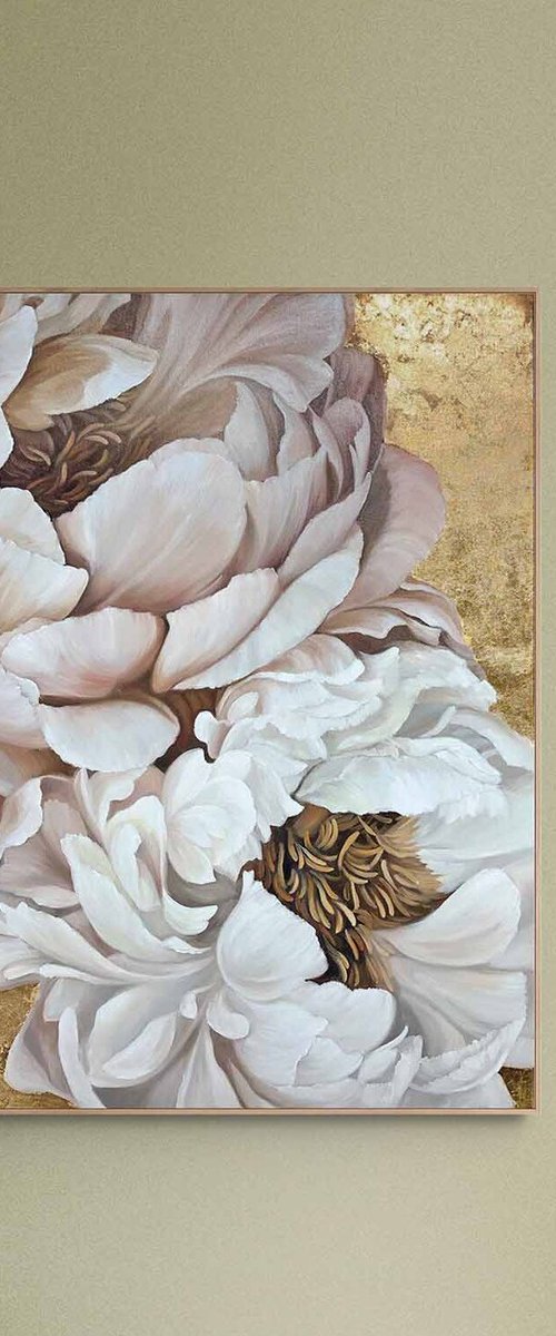 "Golden Silk Flowers 2" Pink gold oil flowers by Olha
