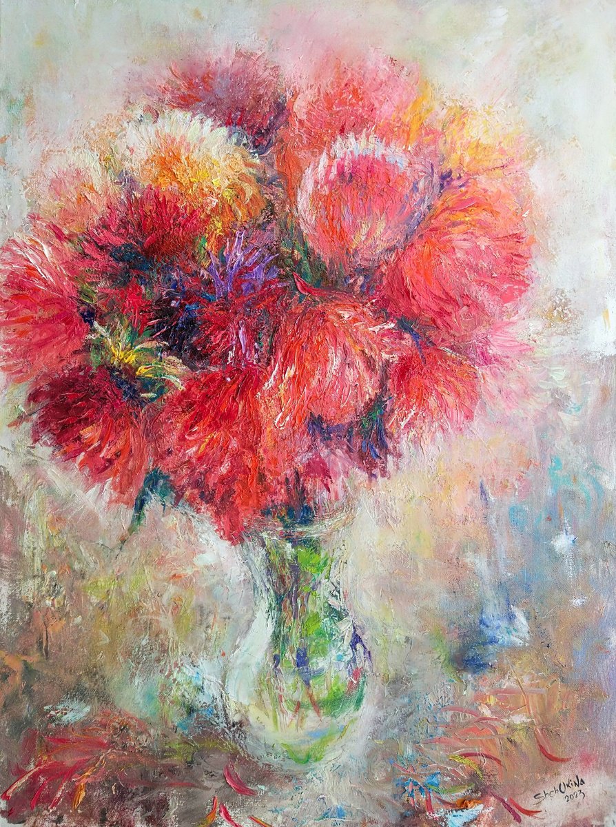 Impressionistic Botanical Oil Painting By Helen Shukina, 24 X 31, Bouquet Of Chrysanthemums, Original Artwork