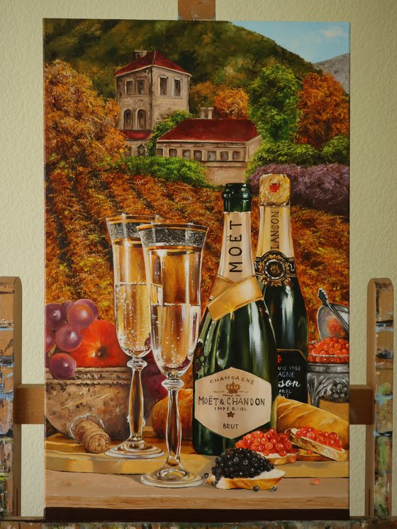 Elegant Wine Art, Champagne Bottle and Caviar