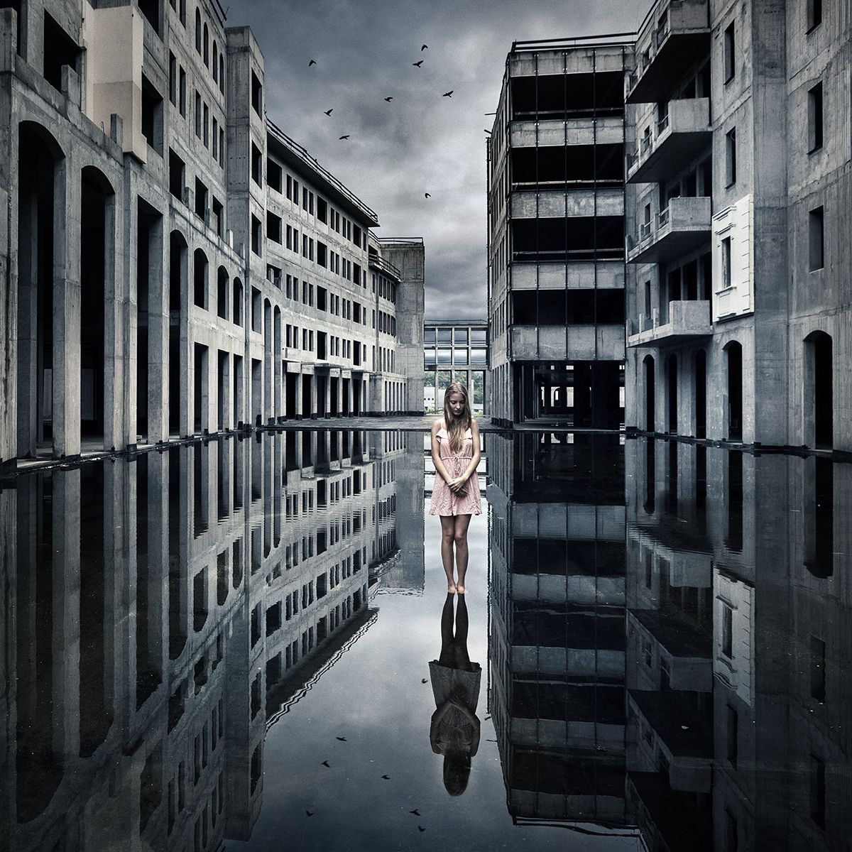 Photorealistic Cityscapes Photograph By Peter Zelei, 35 X 35", Silence Of The Birds, Original Artwork