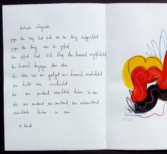 Monika Rinck: Diskrete Rhapsodie, variant 5 - handwritten poem and original gouache