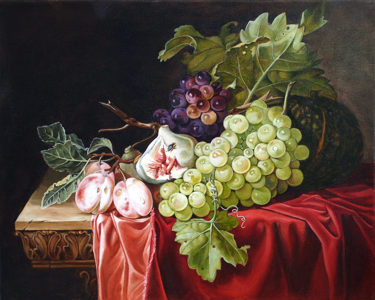 Still life with grapes, plums, figs and a melon by Alfia Koral