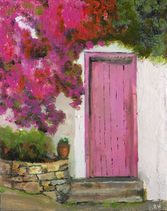 Mediterranean House with Pink Flowers