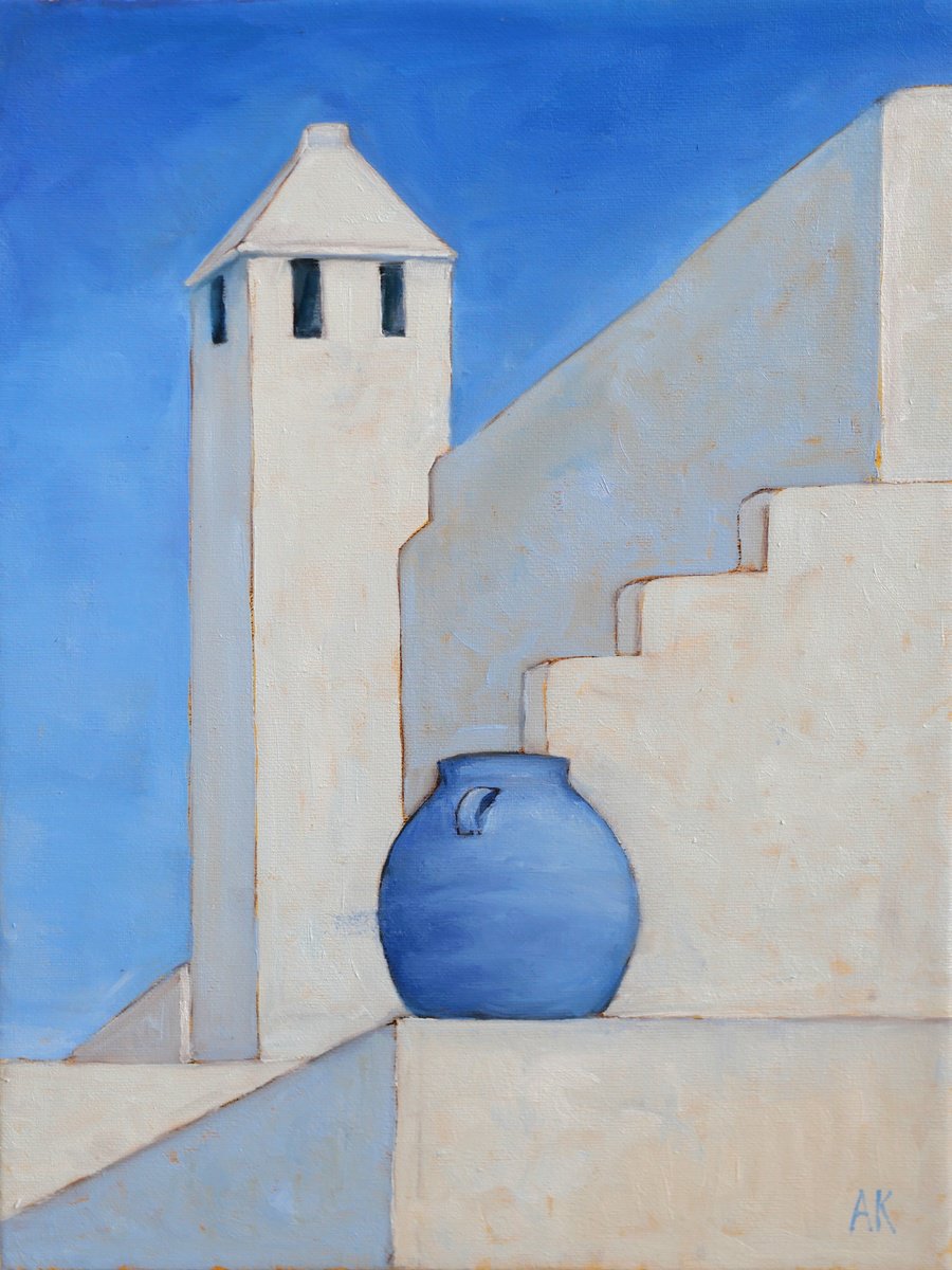 Photorealistic Cityscapes Oil Painting By Alfia Koral, 12 X 16, Greece In Blue And White, Original Artwork