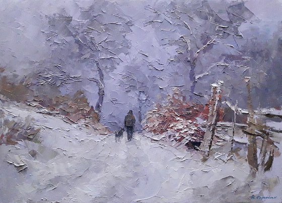 Oil painting Winter in Transcarpathia