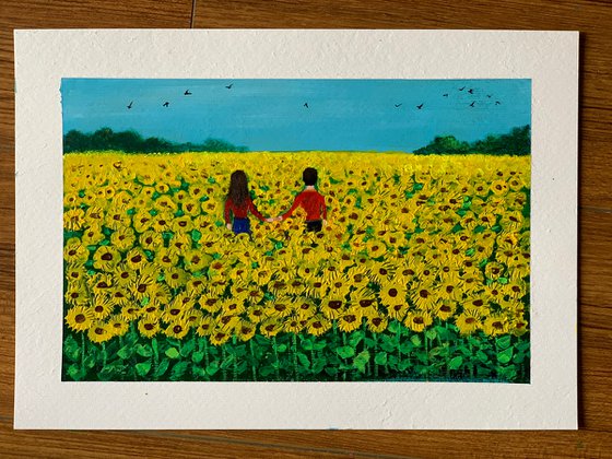 Couple in sunflower field! A4 Painting on paper