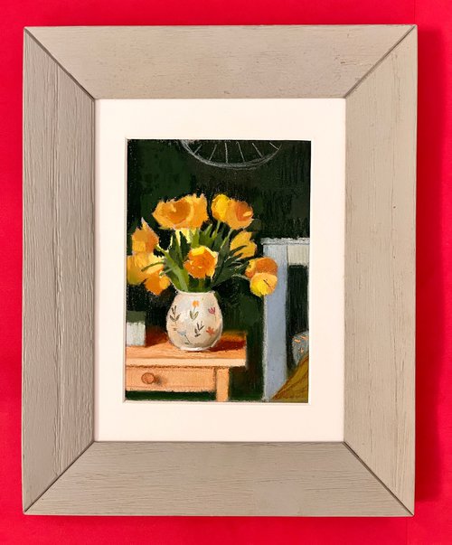 Miniature painting with yellow tulips 6,5x4.7'' by Alexandra Sergeeva