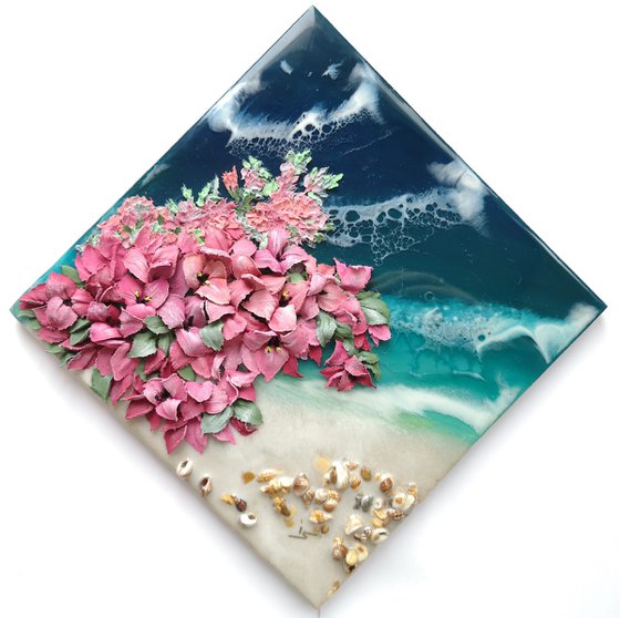 Vacation at the sea and the lush pink bushes of Bougainvillea - 3d painting on a resin seascape, 20x20x2 cm, perfect summer gift.