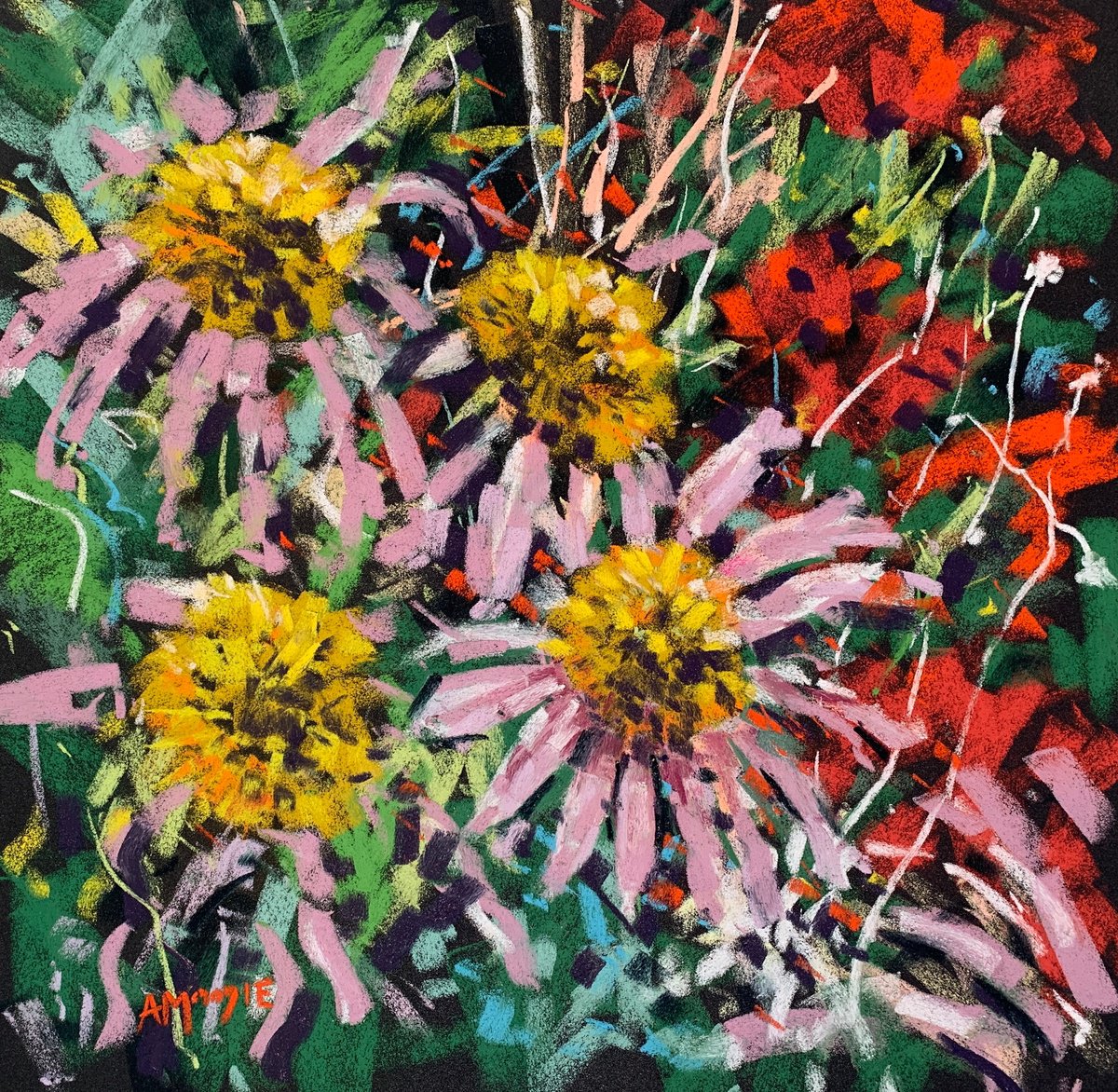 Impressionistic Botanical Pastel Drawing By Andrew Moodie, 16 X 16, Border Riot, Original Artwork