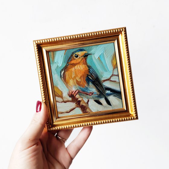 Robin painting oil, Bird painting original art framed, Miniature animals painting 4x4, Pale blue picture bird small