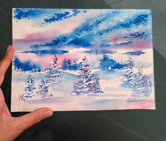 Appalachian Winter Painting Christmas Original Art Mountains Small Winter Forest Watercolor Landscape Artwork Home Wall Art 10 by 7" by Halyna Kirichenko