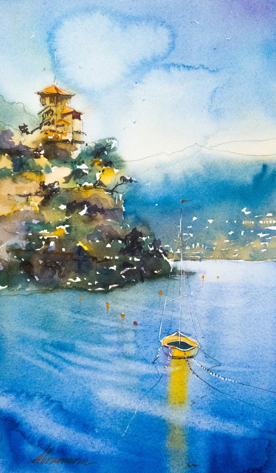 Liguria. Yellow yacht on the waves. Original watercolor picture.