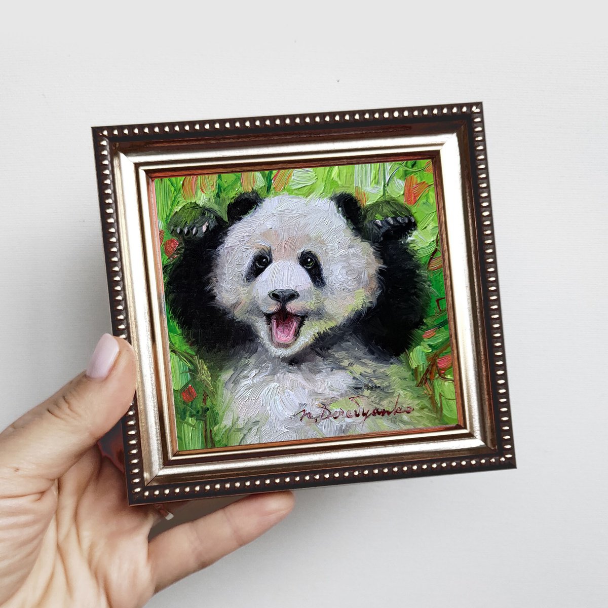 Panda painting oil original 4x4 in frame, Wild animal painting mini gift for friend by Nataly Derevyanko