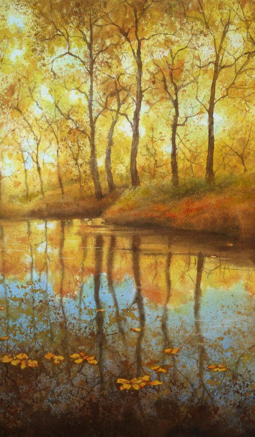 Autumn Landscape Gold and Blue by Olga Beliaeva Watercolour