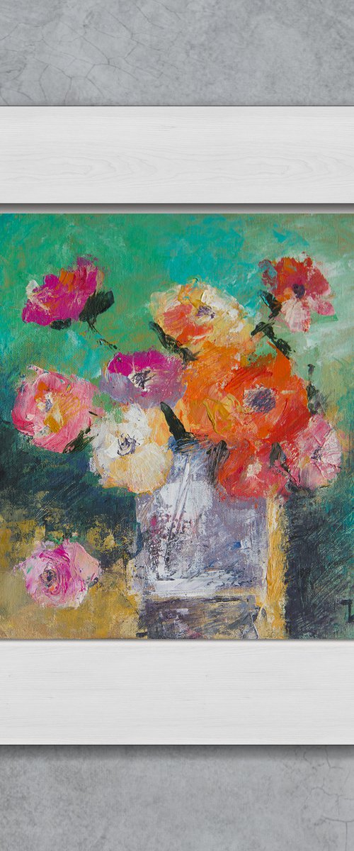 Small still life with roses in a blue ceramic vase by Irina Bocharova