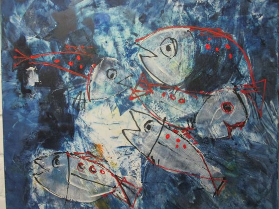 blue Fishes expressive xl painting