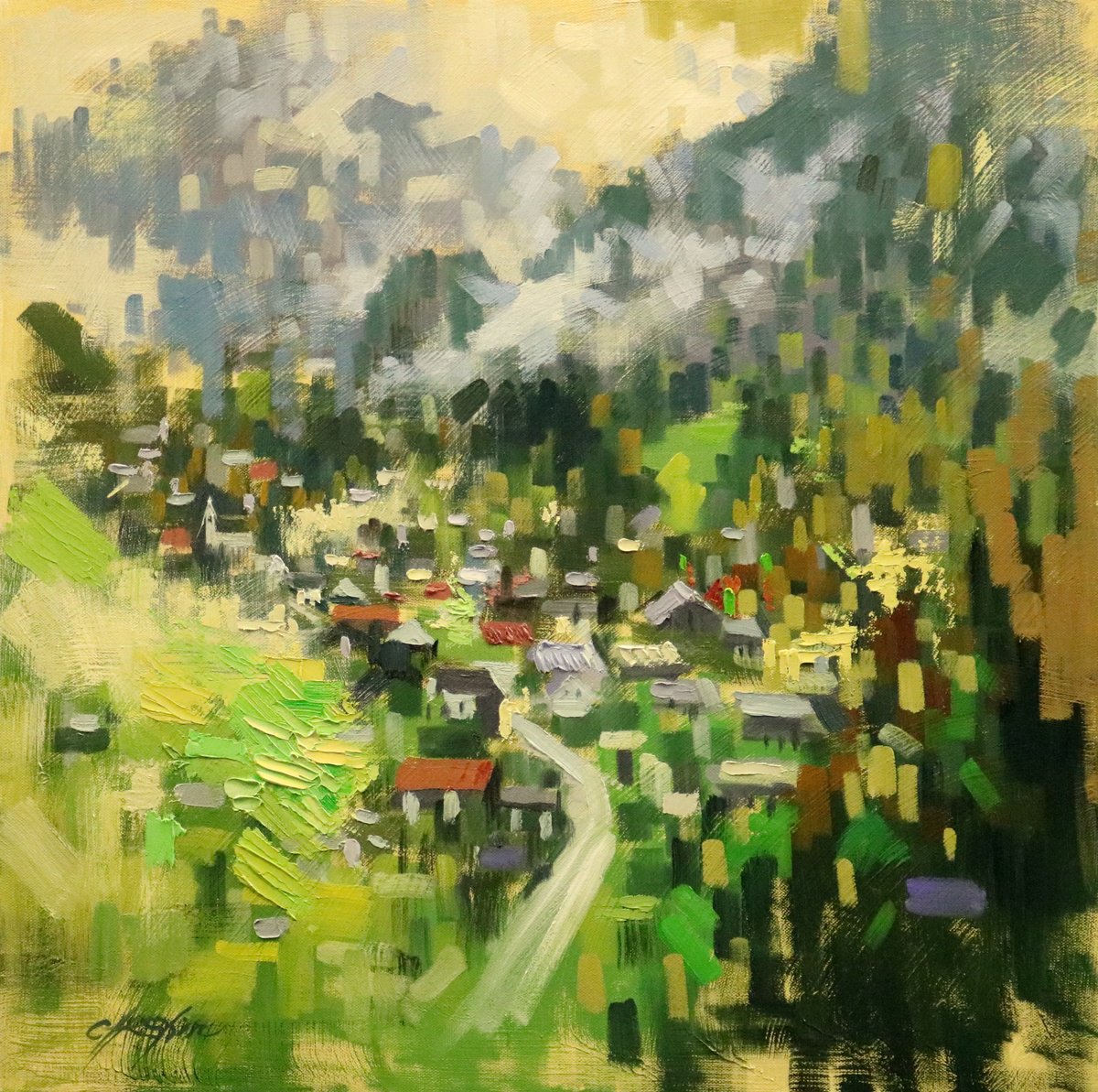 Expressive Cityscapes Oil Painting By Chin H Shin, 24 X 24, The Village Of Brienz, Original Artwork