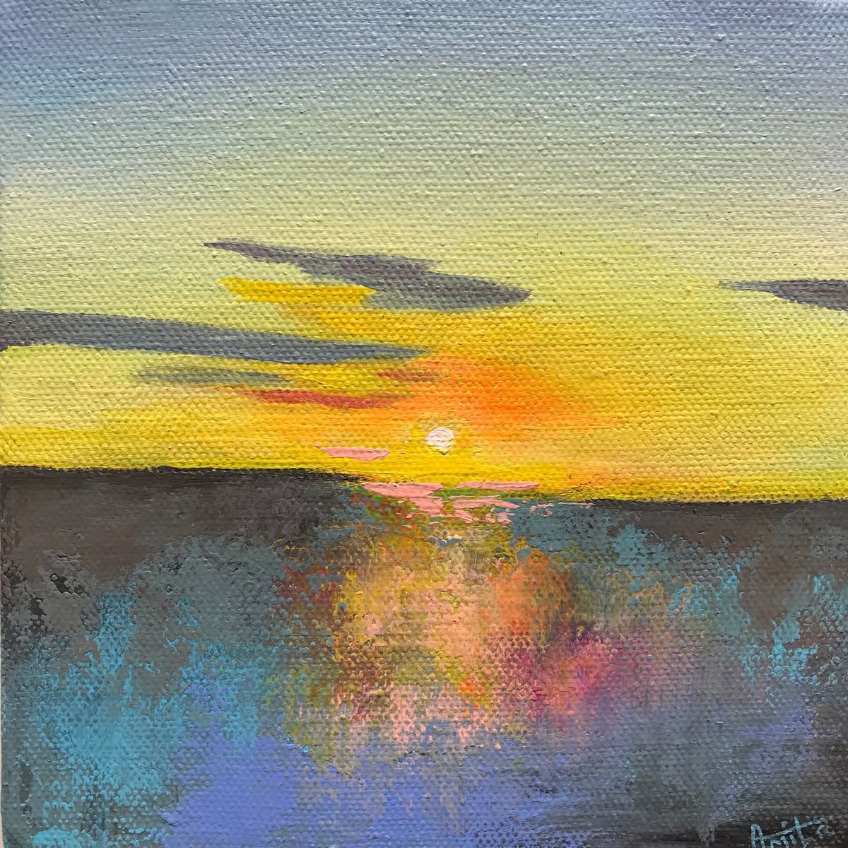 Sunset painting! Miniature Art ! Semi Abstract art ! Ready to hang! by Amita Dand
