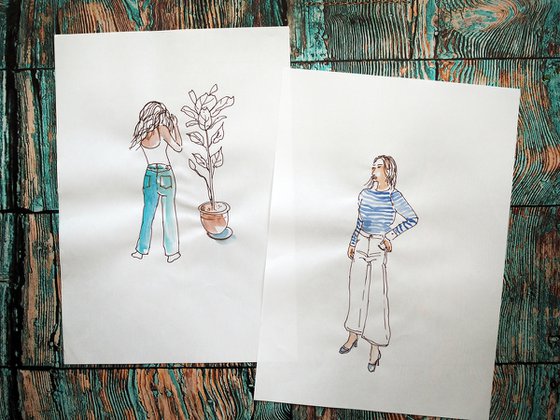 Set of 2 sketches with people - stylish women