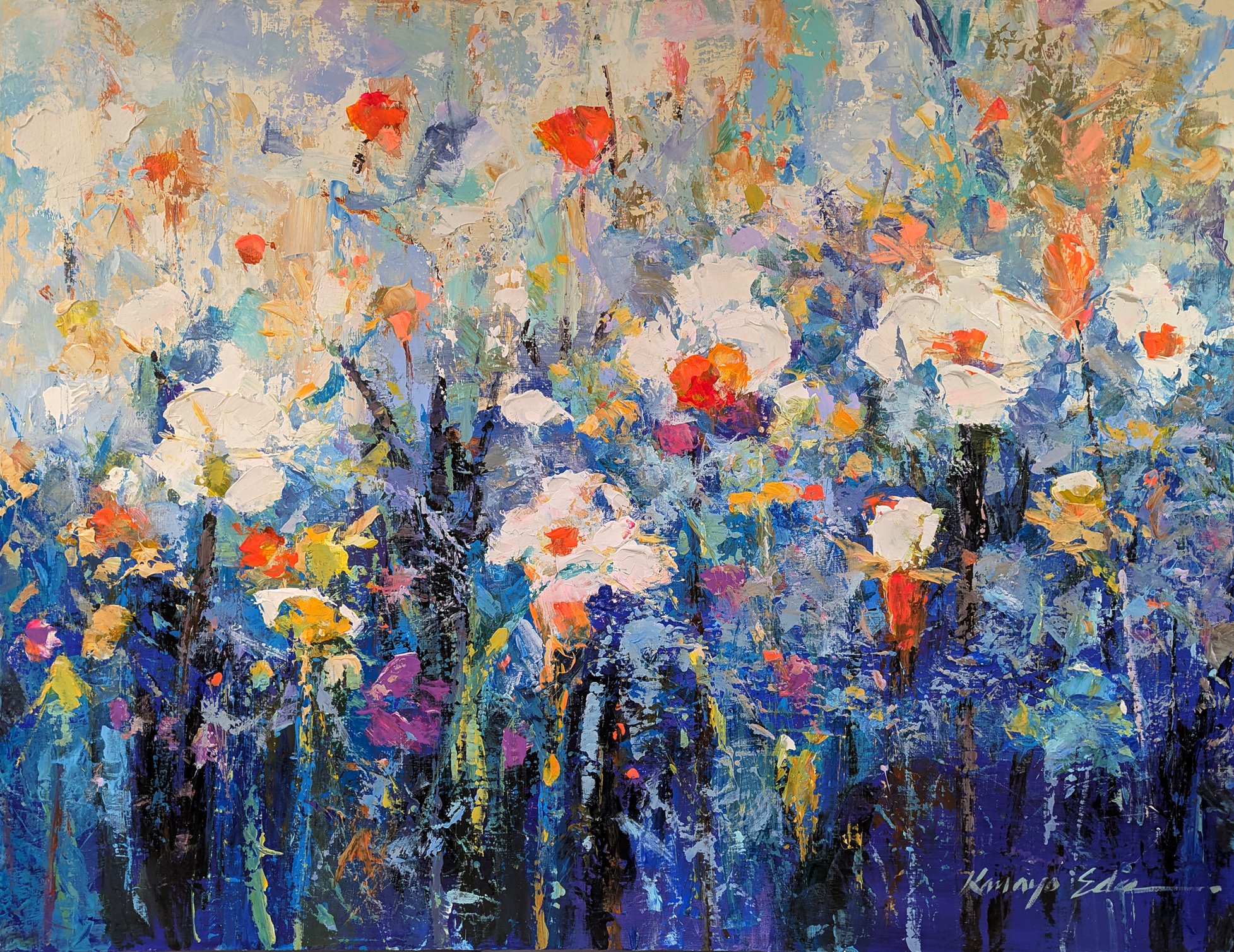 Impressionistic Botanical Acrylic Painting By Kanayo Ede, 40 X 30", Lush Garden, Original Artwork