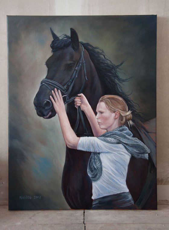 Girl with her Friesian Horse (Original Oil Painting, 100% Handmade)