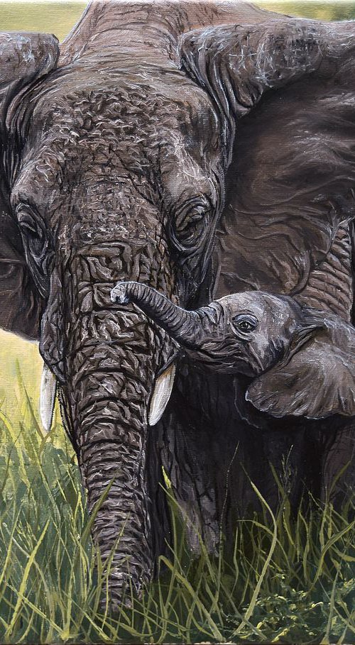 "Elephant's " 30 X 40 cm, Ready to Hang by Elena Adele Dmitrenko
