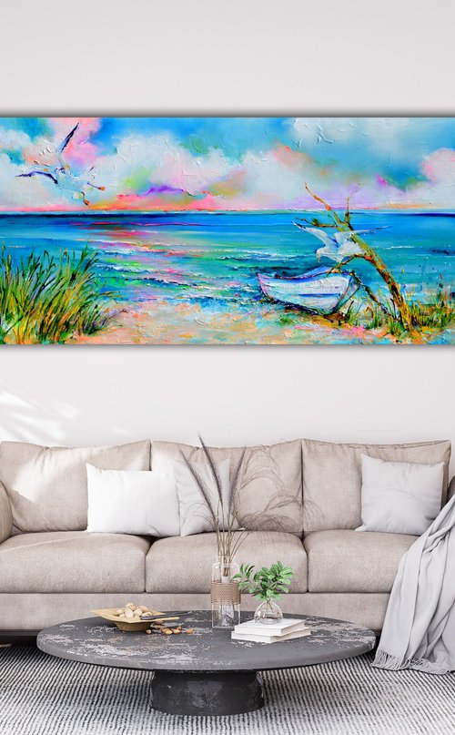 Boat and Seagulls on Seashore by Soos Roxana Gabriela