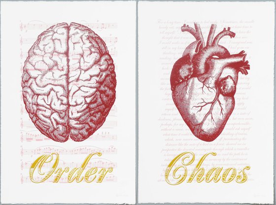 Order Chaos Script Red. Screen print with music score and prose script.
