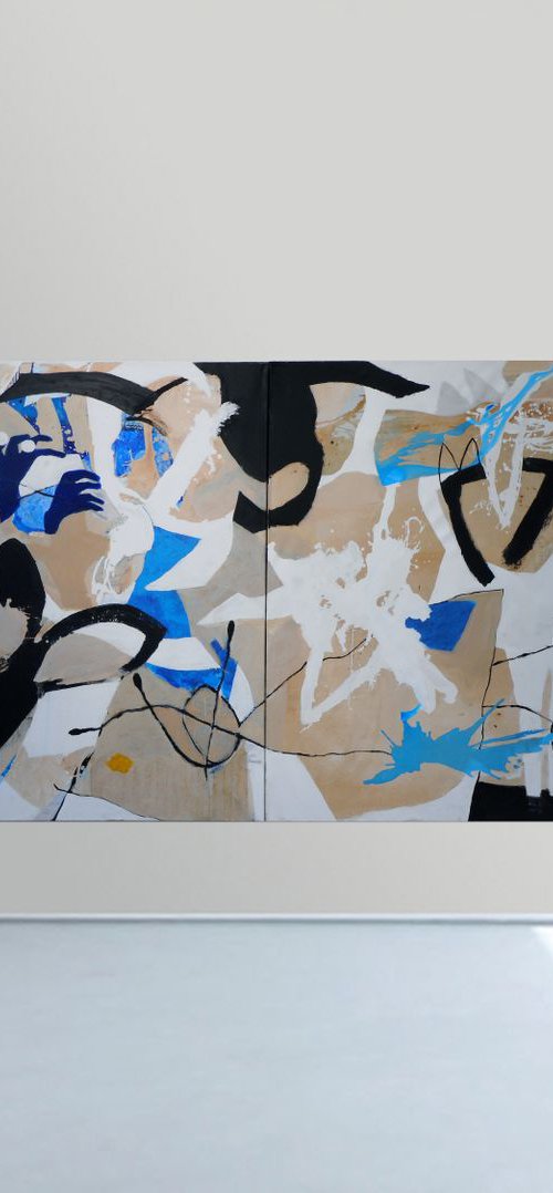 Diptych - Abstract Painting - snow white unconscious when it saw the pack by Richard  Kuhn