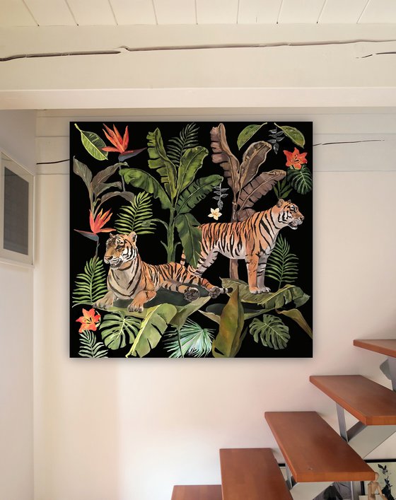 Jungle Heart Beat  - Two Tigers 2 - Art-Deco - Organic Floral, XL LARGE PAINTING