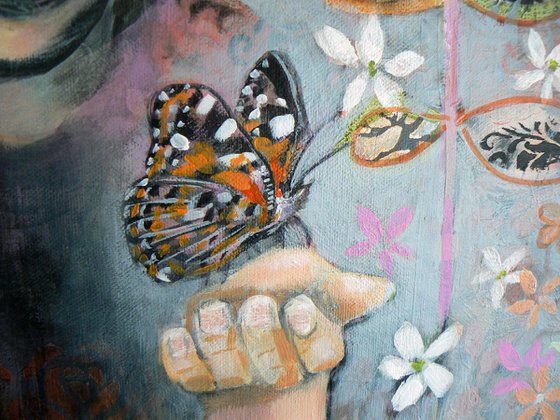 The Painted Lady (Large contemporary semi figurative painting, featuring a painted lady butterfly and tattoos)