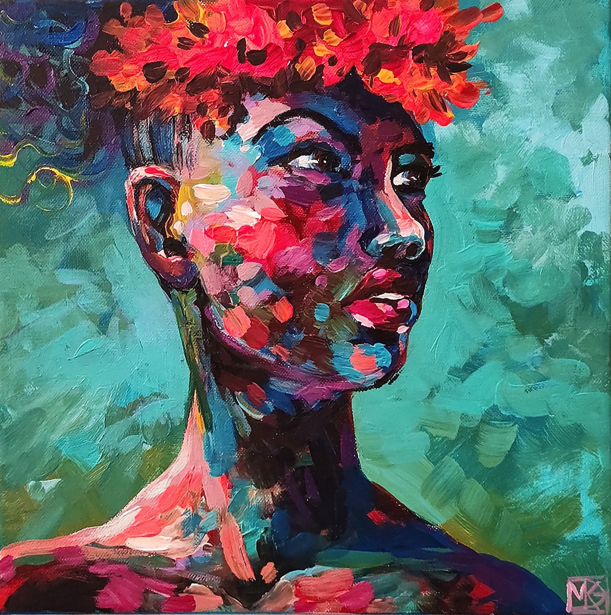 Impressionistic Portrait Acrylic Painting By Maria Kireev, 12 X 12", Wreath Of Pink Flowers, Original Artwork