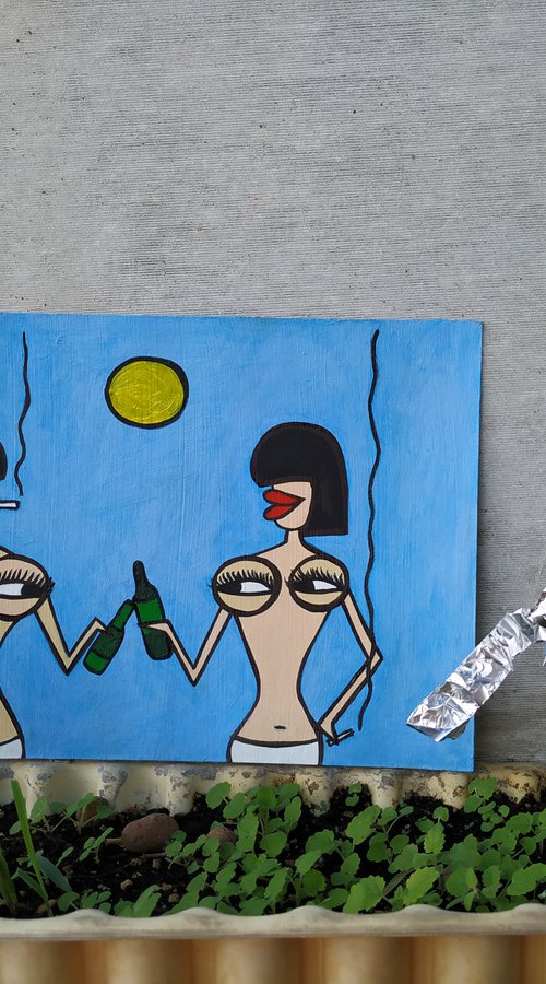 Our tits love beer and wine. Recycled artwork (2018-2020) by Ann Zhuleva
