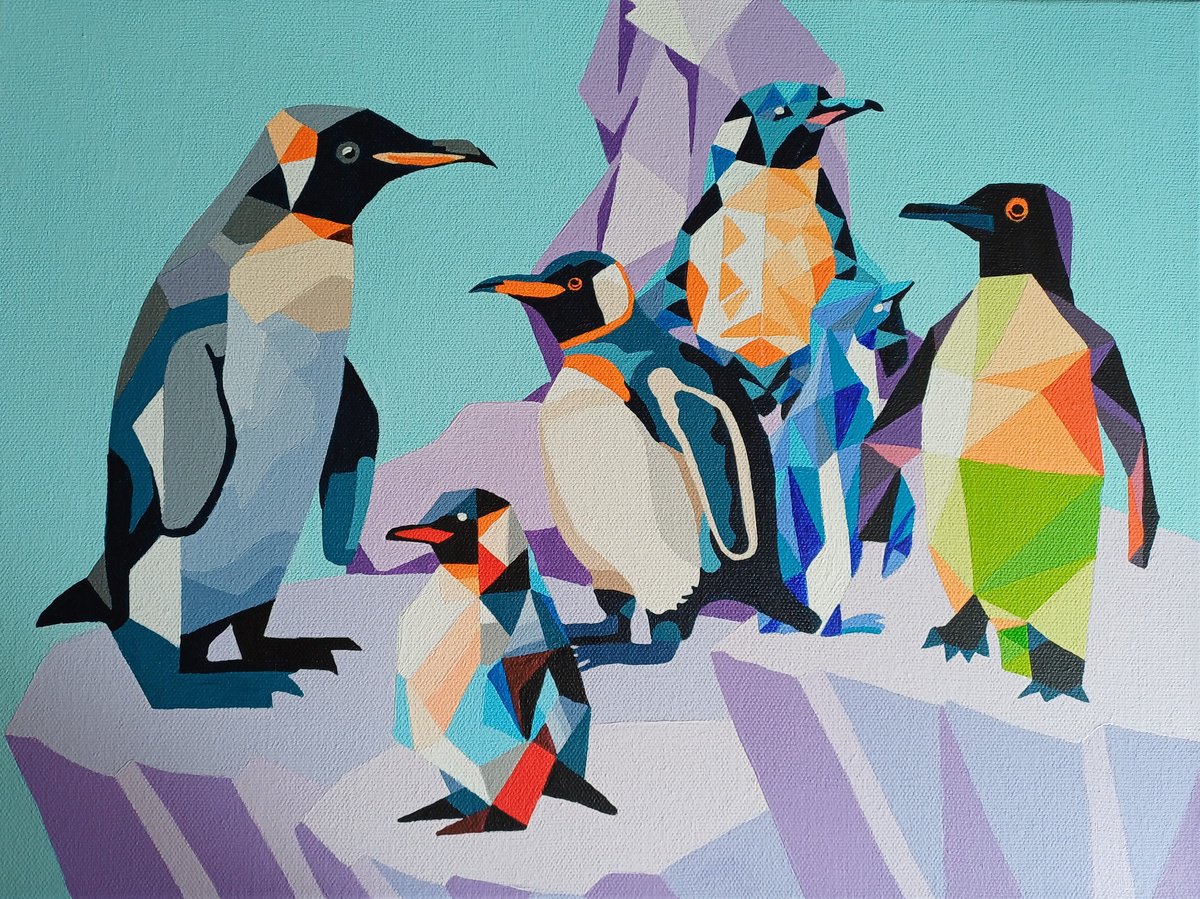 Geometric Animal Acrylic Painting By Corinne Hamer, 16 X 12, Penguins, Original Artwork
