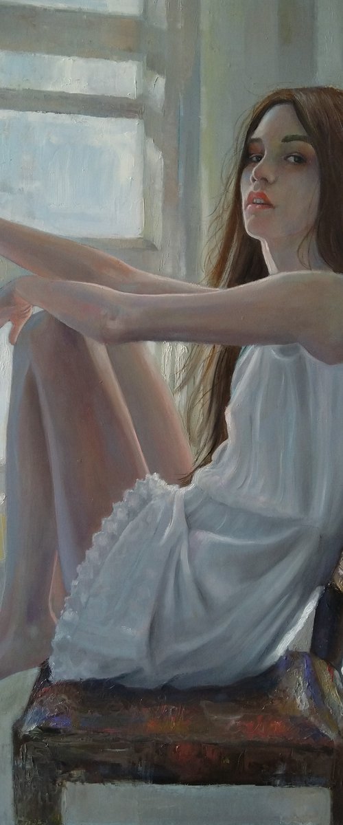Quiet (50x65cm, oil/canvas, impressionistic figure) by Kamsar Ohanyan