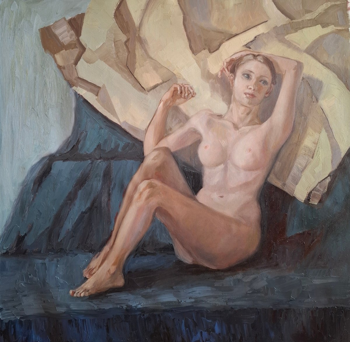 Impressionistic Portrait Oil Painting By Olena Kolotova, 43 X 43", Nude "Breath Of Tenderness", Original Artwork