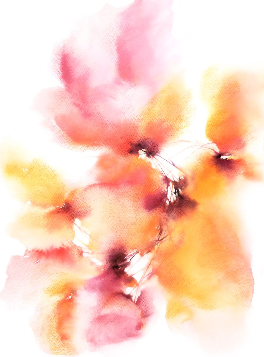 Abstract yellow flowers, watercolor painting Sunshine by Olga Grigo